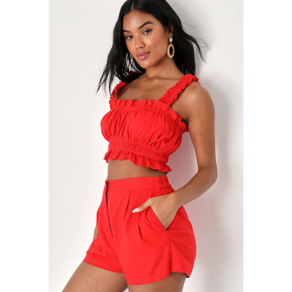Lulus Hotter Temps Red Linen Ruffled Two-piece Romper - Size M